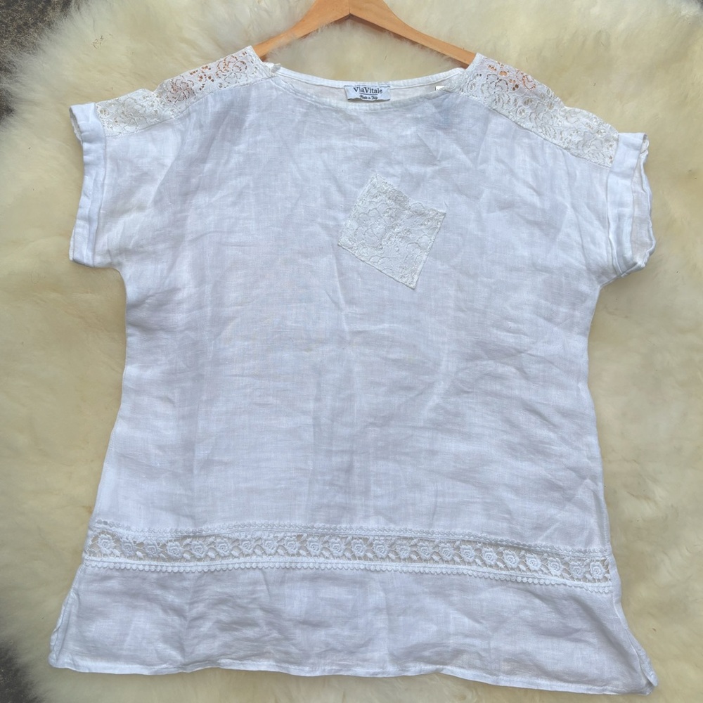 Italian Cotton top, Off White Linen blouse, lace, Boxy White Flutter Sleeve Top